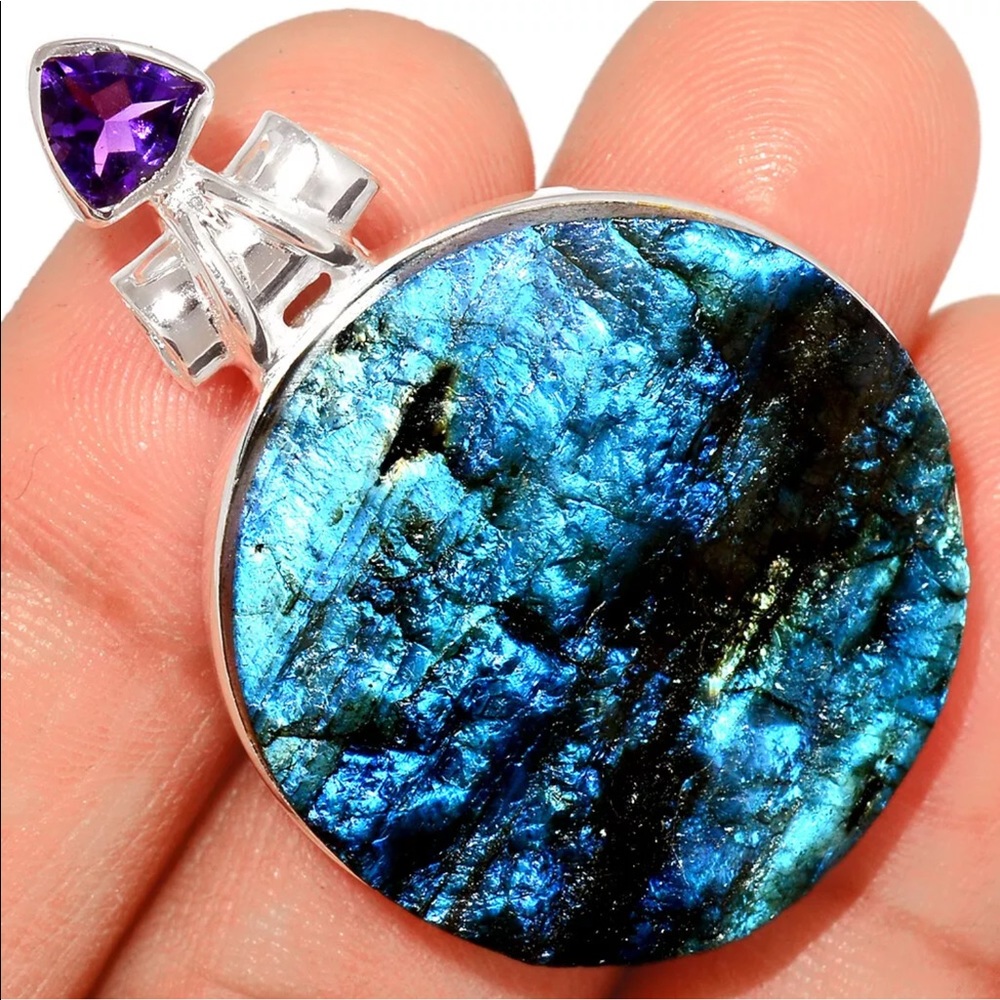 BLUE MOON Labradorite and amethyst silver pendant